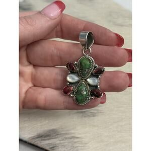 Sterling Silver Sonoran Gold Turquoise Red Dahlia Mother Pearl Cluster Pendant